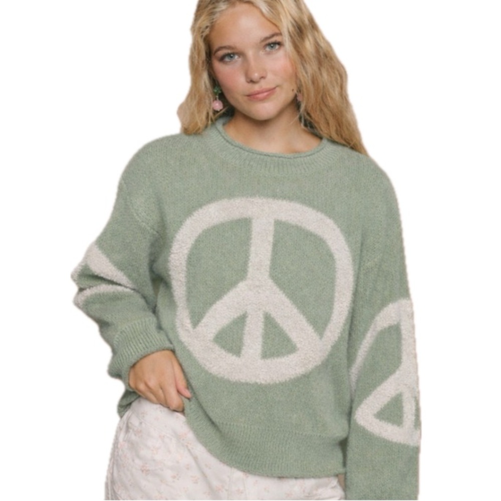 POL, Anthropologie- Sage Green Peace Sign Sweater, Size M